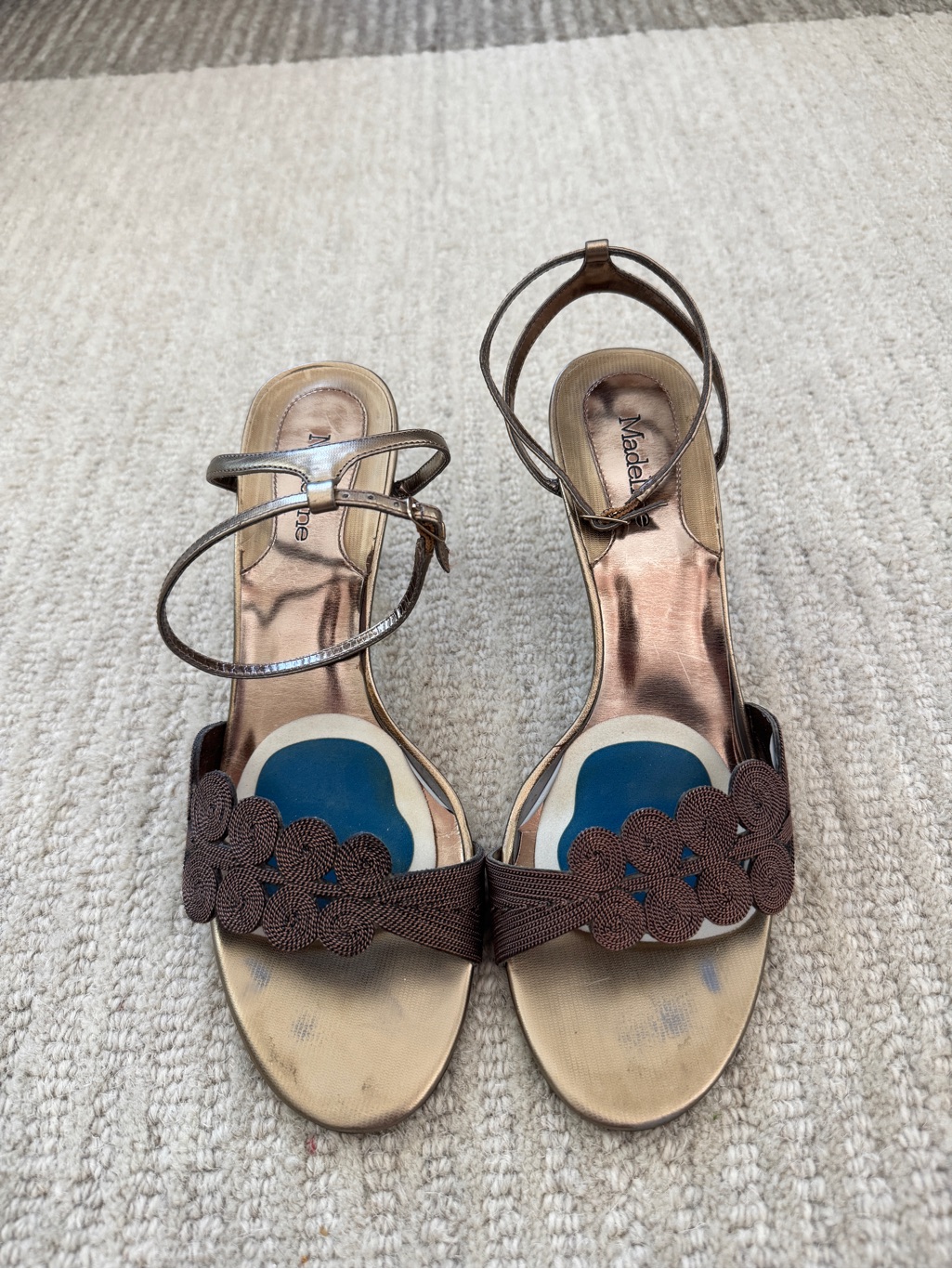 Madeline Brown Floral-Trim Ankle-Strap Sandals